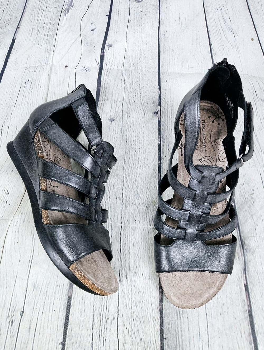 ROCKPORT | leather & cork sole cage gladiator strappy wedge sandals